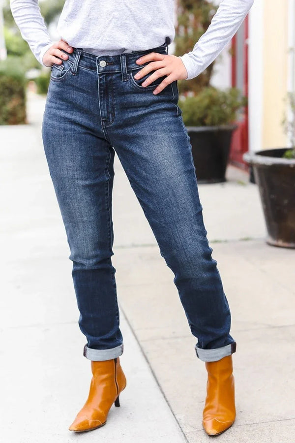 Judy Blue Dark Wash Mid Rise Cuffed Slim Fit Jeans - Coeur de la Mode