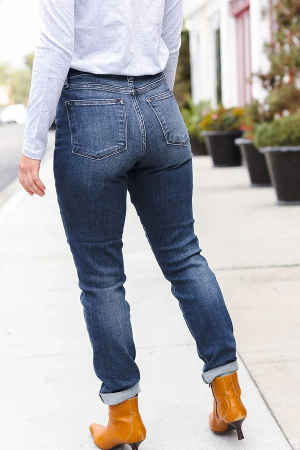 Judy Blue Dark Wash Mid Rise Cuffed Slim Fit Jeans - Coeur de la Mode