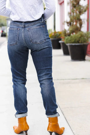 Judy Blue Dark Wash Mid Rise Cuffed Slim Fit Jeans - Coeur de la Mode