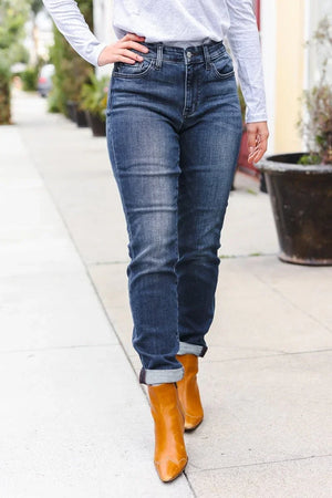 Judy Blue Dark Wash Mid Rise Cuffed Slim Fit Jeans - Coeur de la Mode