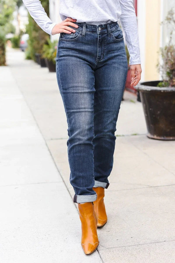 Judy Blue Dark Wash Mid Rise Cuffed Slim Fit Jeans - Coeur de la Mode