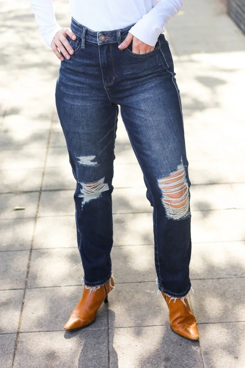 Judy Blue Dark Wash Mid Rise Distressed Straight Leg Jeans - Coeur de la Mode