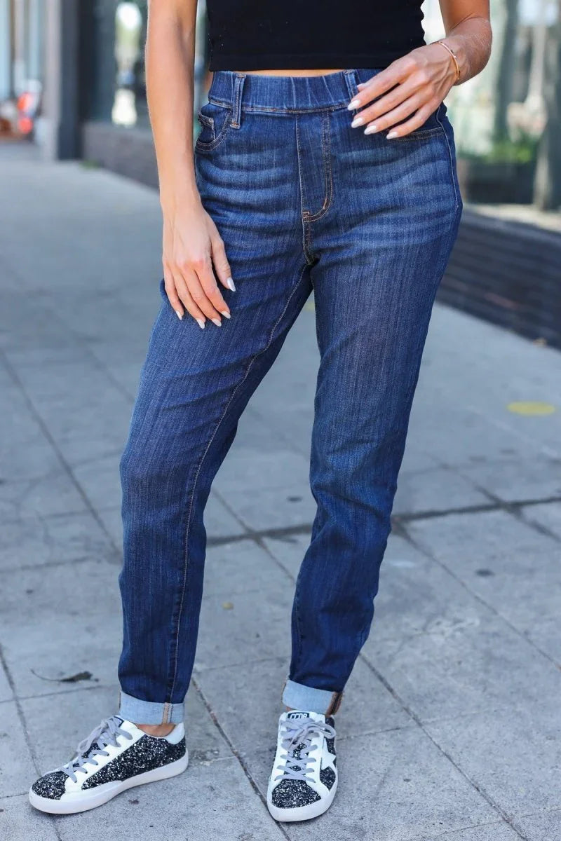 Judy Blue Dark Wash Pull On Cuffed Slim Fit Jeans - Coeur de la Mode