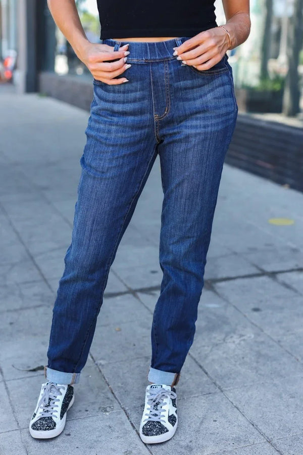 Judy Blue Dark Wash Pull On Cuffed Slim Fit Jeans - Coeur de la Mode