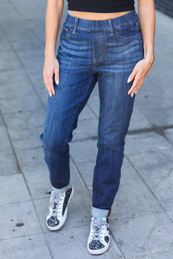Judy Blue Dark Wash Pull On Cuffed Slim Fit Jeans - Coeur de la Mode