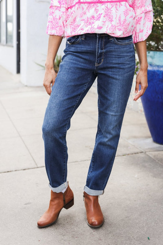 Judy Blue Mid Rise Cuffed Boyfriend Straight Leg Jeans - Coeur de la Mode