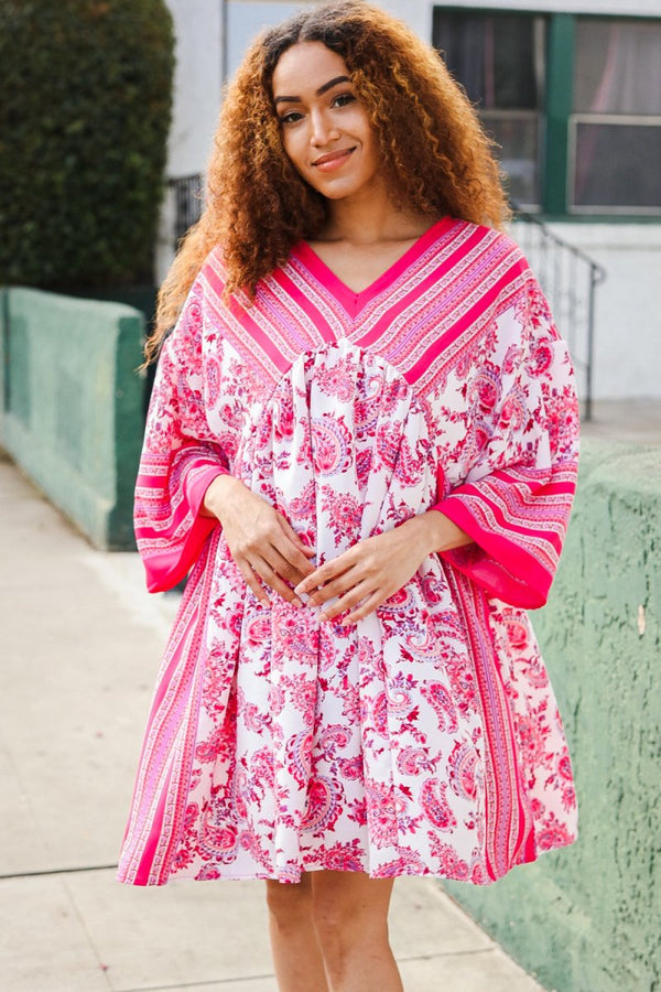 Let's Meet Up Red & Pink Paisley Drop Shoulder Kimono Dress - Coeur de la Mode