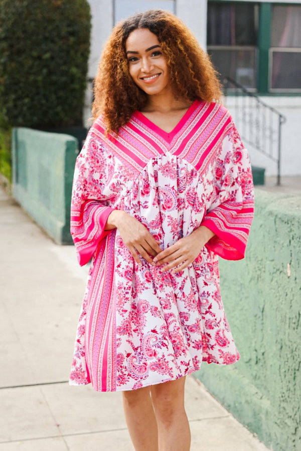 Let's Meet Up Red & Pink Paisley Drop Shoulder Kimono Dress - Coeur de la Mode