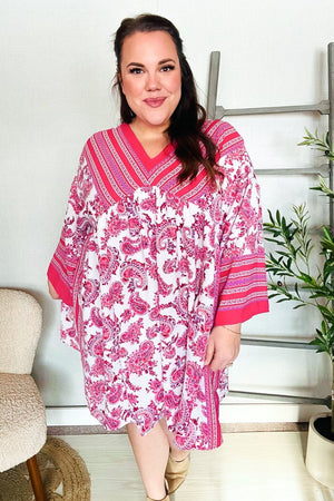 Let's Meet Up Red & Pink Paisley Drop Shoulder Kimono Dress - Coeur de la Mode