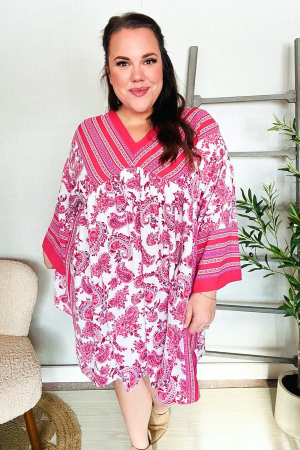 Let's Meet Up Red & Pink Paisley Drop Shoulder Kimono Dress - Coeur de la Mode