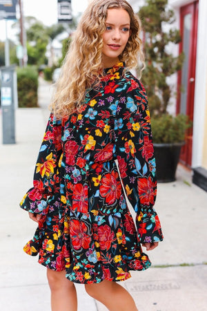 Lock Eyes Black Floral Sequin Print Ruffle Sleeve Frill Mock Neck Dress - Coeur de la Mode