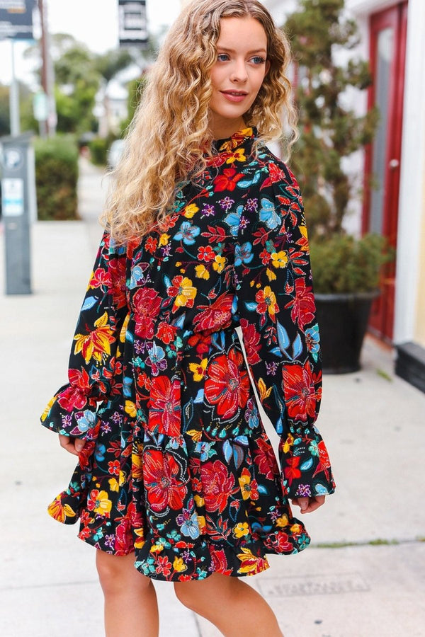 Lock Eyes Black Floral Sequin Print Ruffle Sleeve Frill Mock Neck Dress - Coeur de la Mode