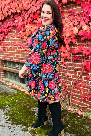 Lock Eyes Black Floral Sequin Print Ruffle Sleeve Frill Mock Neck Dress - Coeur de la Mode