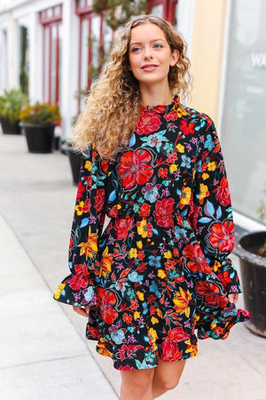 Lock Eyes Black Floral Sequin Print Ruffle Sleeve Frill Mock Neck Dress - Coeur de la Mode