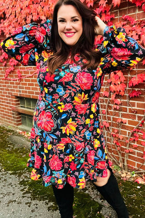 Lock Eyes Black Floral Sequin Print Ruffle Sleeve Frill Mock Neck Dress - Coeur de la Mode