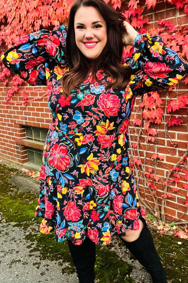 Lock Eyes Black Floral Sequin Print Ruffle Sleeve Frill Mock Neck Dress - Coeur de la Mode