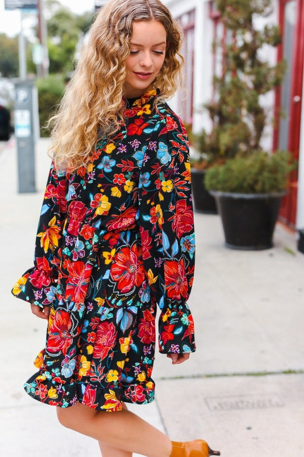 Lock Eyes Black Floral Sequin Print Ruffle Sleeve Frill Mock Neck Dress - Coeur de la Mode