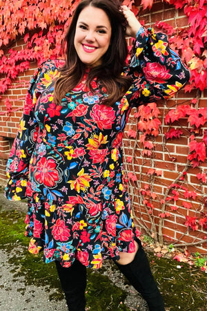 Lock Eyes Black Floral Sequin Print Ruffle Sleeve Frill Mock Neck Dress - Coeur de la Mode