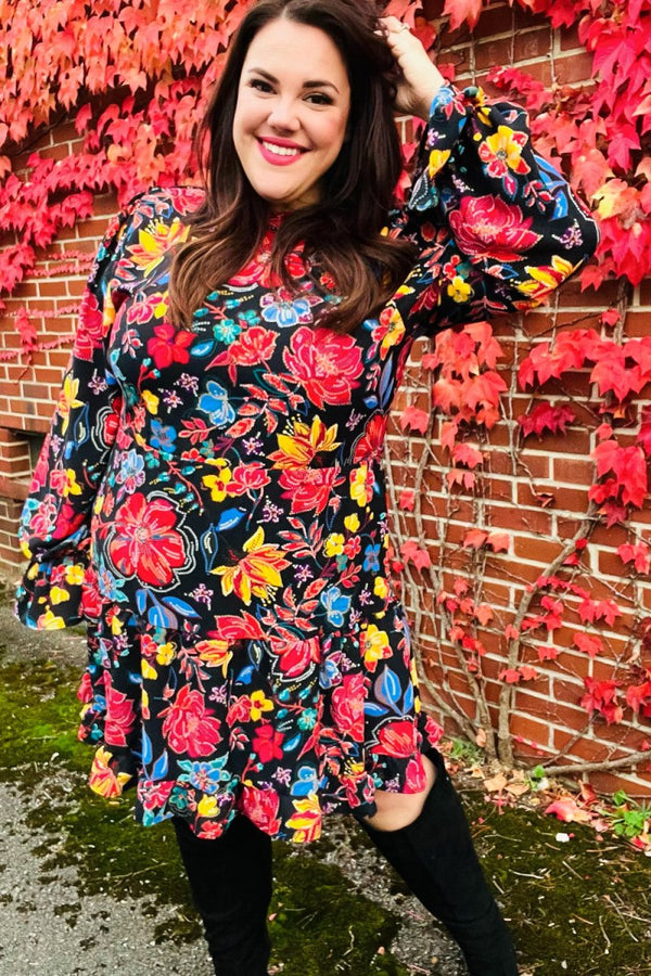 Lock Eyes Black Floral Sequin Print Ruffle Sleeve Frill Mock Neck Dress - Coeur de la Mode