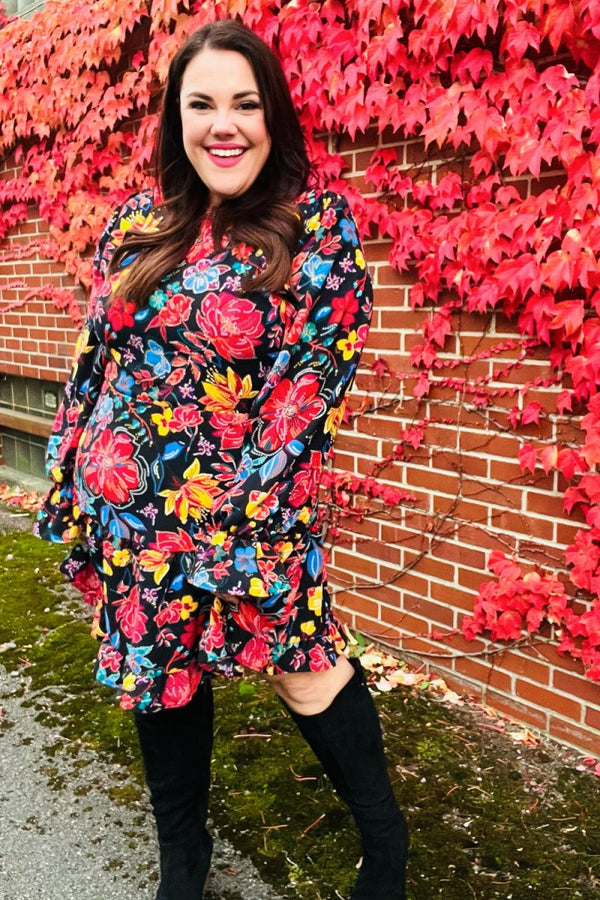 Lock Eyes Black Floral Sequin Print Ruffle Sleeve Frill Mock Neck Dress - Coeur de la Mode