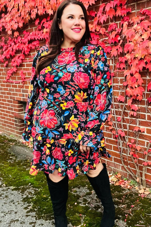 Lock Eyes Black Floral Sequin Print Ruffle Sleeve Frill Mock Neck Dress - Coeur de la Mode