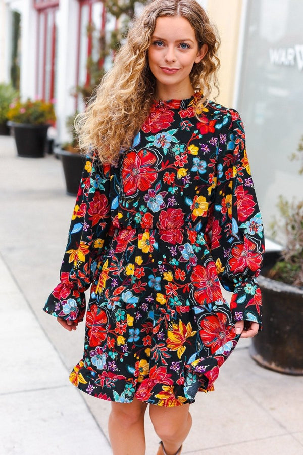Lock Eyes Black Floral Sequin Print Ruffle Sleeve Frill Mock Neck Dress - Coeur de la Mode