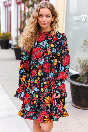 Lock Eyes Black Floral Sequin Print Ruffle Sleeve Frill Mock Neck Dress - Coeur de la Mode