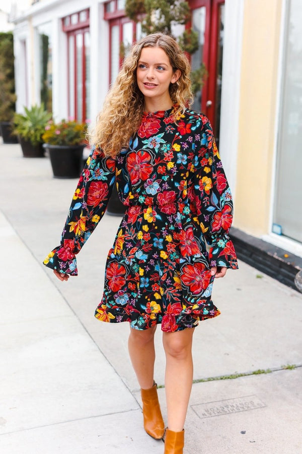 Lock Eyes Black Floral Sequin Print Ruffle Sleeve Frill Mock Neck Dress - Coeur de la Mode