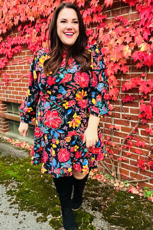 Lock Eyes Black Floral Sequin Print Ruffle Sleeve Frill Mock Neck Dress - Coeur de la Mode