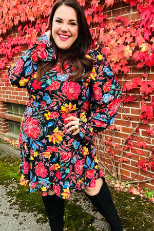 Lock Eyes Black Floral Sequin Print Ruffle Sleeve Frill Mock Neck Dress - Coeur de la Mode