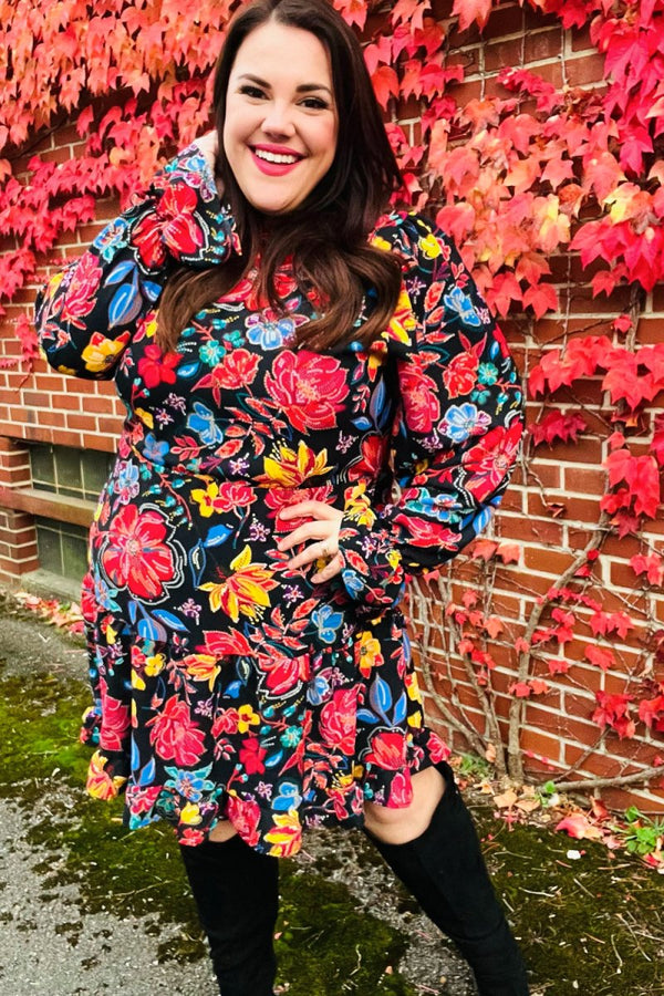 Lock Eyes Black Floral Sequin Print Ruffle Sleeve Frill Mock Neck Dress - Coeur de la Mode