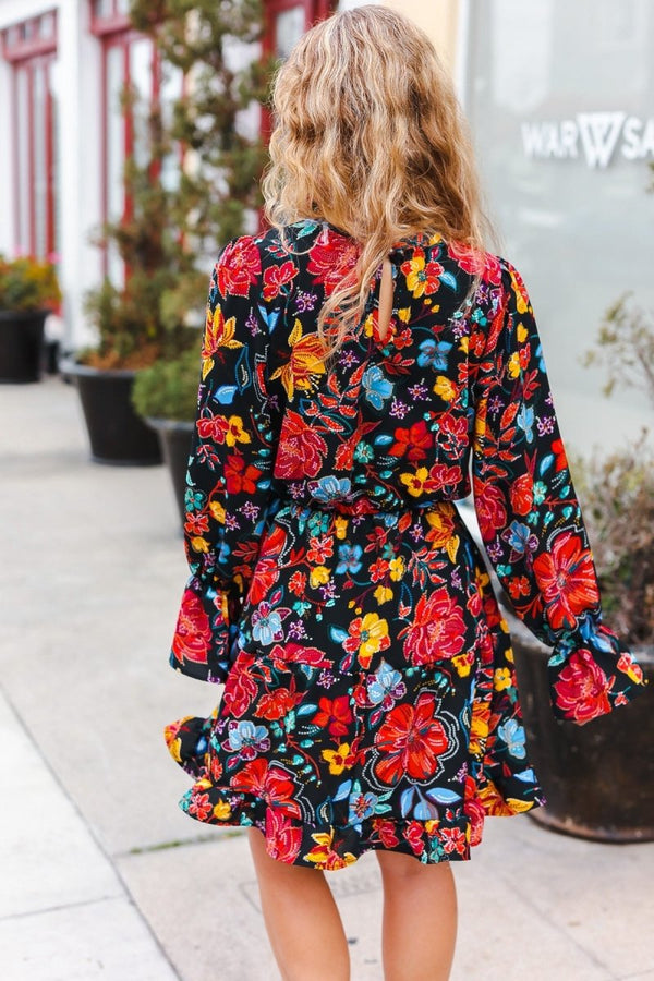 Lock Eyes Black Floral Sequin Print Ruffle Sleeve Frill Mock Neck Dress - Coeur de la Mode