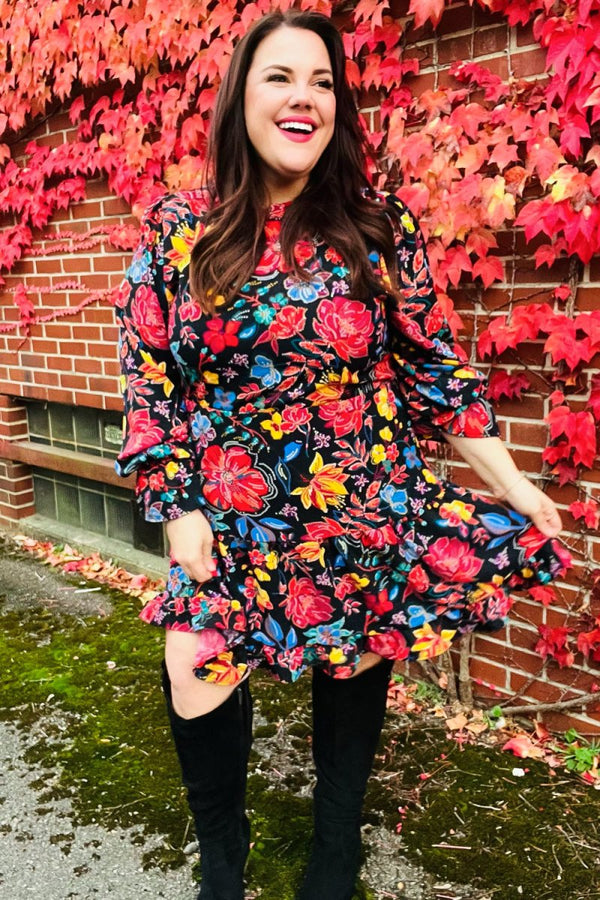Lock Eyes Black Floral Sequin Print Ruffle Sleeve Frill Mock Neck Dress - Coeur de la Mode