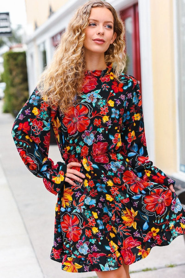 Lock Eyes Black Floral Sequin Print Ruffle Sleeve Frill Mock Neck Dress - Coeur de la Mode