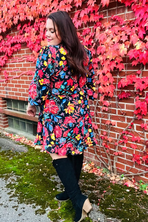 Lock Eyes Black Floral Sequin Print Ruffle Sleeve Frill Mock Neck Dress - Coeur de la Mode