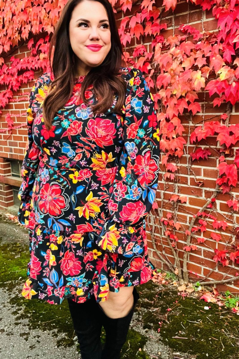 Lock Eyes Black Floral Sequin Print Ruffle Sleeve Frill Mock Neck Dress - Coeur de la Mode