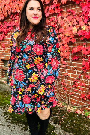 Lock Eyes Black Floral Sequin Print Ruffle Sleeve Frill Mock Neck Dress - Coeur de la Mode