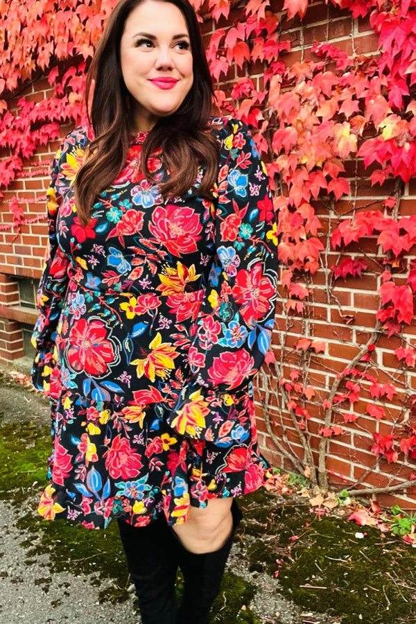 Lock Eyes Black Floral Sequin Print Ruffle Sleeve Frill Mock Neck Dress - Coeur de la Mode
