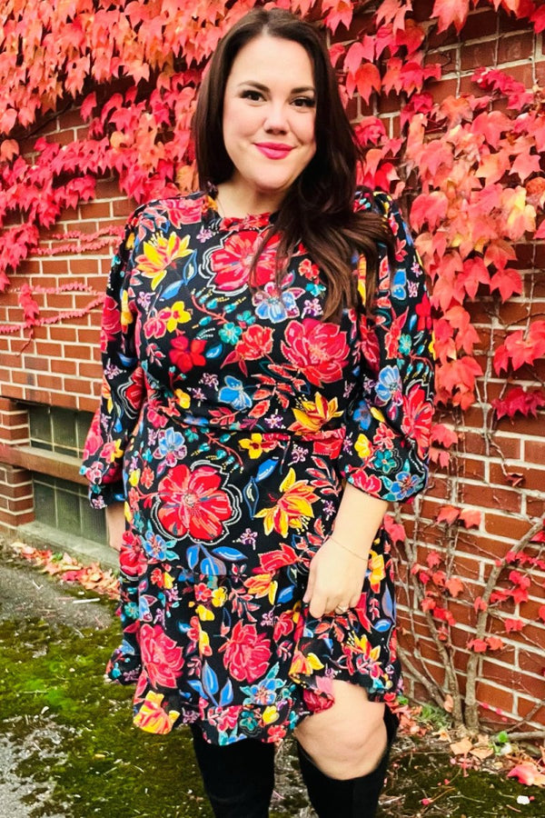 Lock Eyes Black Floral Sequin Print Ruffle Sleeve Frill Mock Neck Dress - Coeur de la Mode