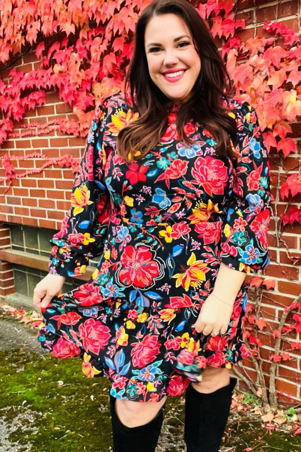 Lock Eyes Black Floral Sequin Print Ruffle Sleeve Frill Mock Neck Dress - Coeur de la Mode