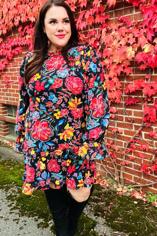 Lock Eyes Black Floral Sequin Print Ruffle Sleeve Frill Mock Neck Dress - Coeur de la Mode