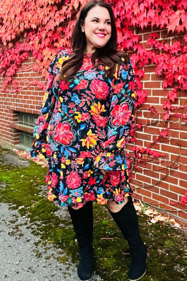 Lock Eyes Black Floral Sequin Print Ruffle Sleeve Frill Mock Neck Dress - Coeur de la Mode