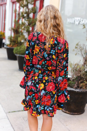 Lock Eyes Black Floral Sequin Print Ruffle Sleeve Frill Mock Neck Dress - Coeur de la Mode