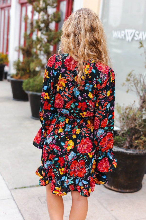 Lock Eyes Black Floral Sequin Print Ruffle Sleeve Frill Mock Neck Dress - Coeur de la Mode