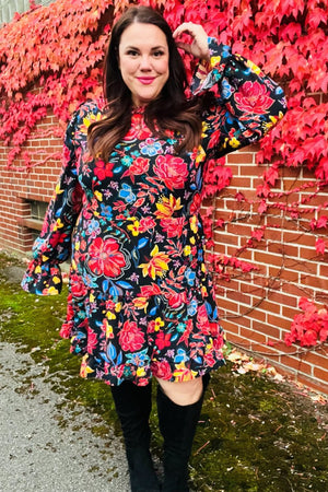 Lock Eyes Black Floral Sequin Print Ruffle Sleeve Frill Mock Neck Dress - Coeur de la Mode
