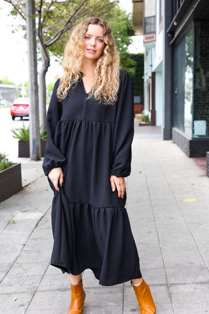 Lock Eyes Black Notched Neck Frill Hem Tiered Maxi Dress - Coeur de la Mode
