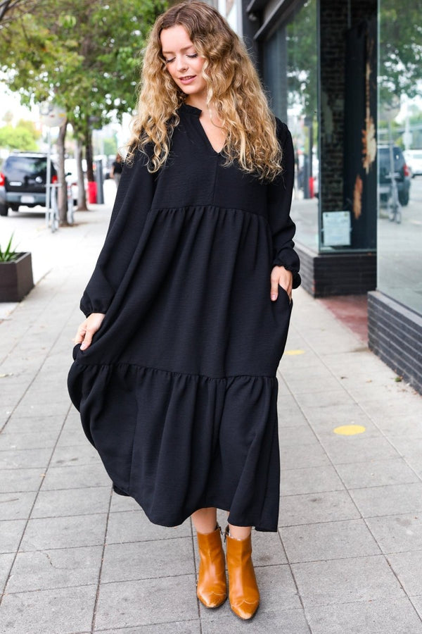 Lock Eyes Black Notched Neck Frill Hem Tiered Maxi Dress - Coeur de la Mode