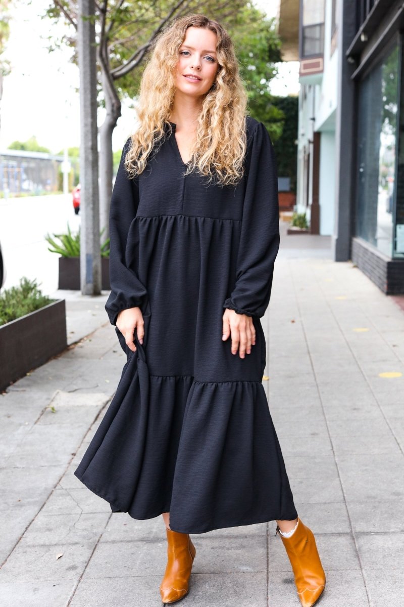 Lock Eyes Black Notched Neck Frill Hem Tiered Maxi Dress - Coeur de la Mode