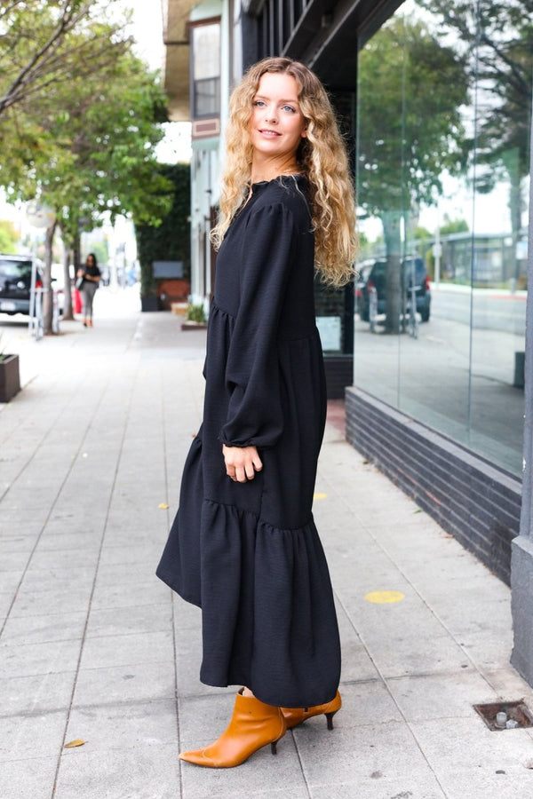 Lock Eyes Black Notched Neck Frill Hem Tiered Maxi Dress - Coeur de la Mode