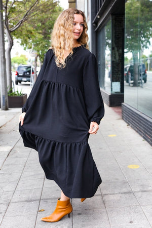 Lock Eyes Black Notched Neck Frill Hem Tiered Maxi Dress - Coeur de la Mode